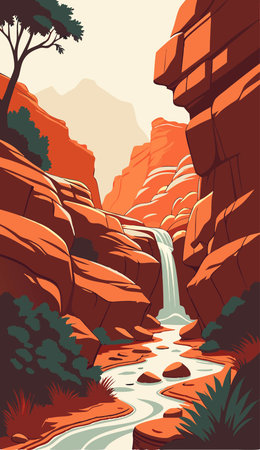 Red rocks and waterfall in the canyon. Vector illustration in cartoon styleのイラスト素材