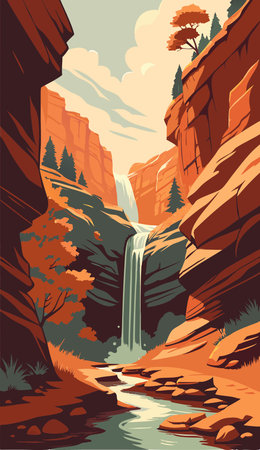 Waterfall in the Red Rock Canyon, USA. Vector illustration.のイラスト素材