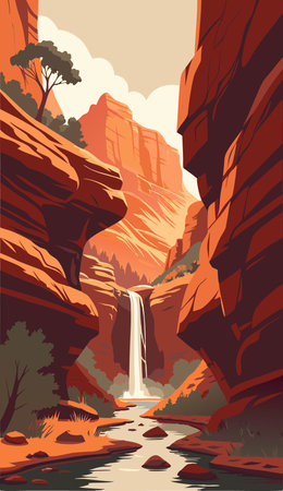 Waterfall in the Red Rock Canyon, USA. Vector illustration.のイラスト素材