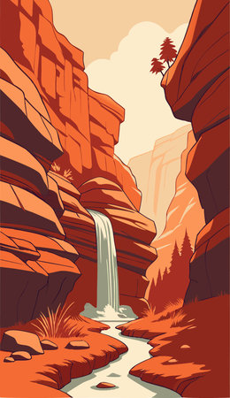 Waterfall in the red canyon. Vector illustration in cartoon style.のイラスト素材