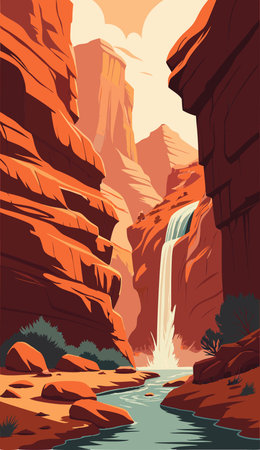 Waterfall in Red Canyon, Arizona, USA. Vector Illustrationのイラスト素材