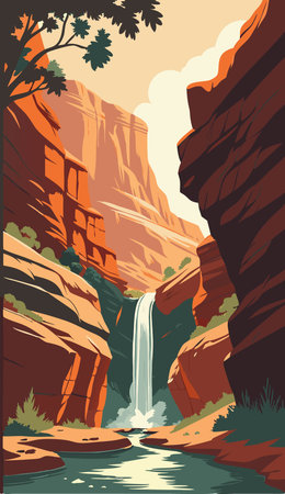 Waterfall in the Zion National Park, USA. Vector illustration.のイラスト素材
