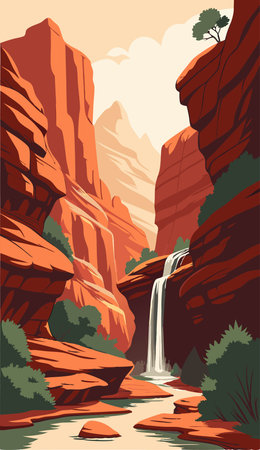 Waterfall in Zion National Park, Utah, USA. Vector illustrationのイラスト素材