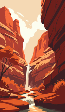 Waterfall in the Red Rock Canyon, USA. Vector illustration.のイラスト素材