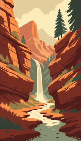 Vector illustration of a waterfall in the mountains. Horizontal format.のイラスト素材