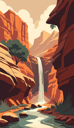 Cartoon landscape with canyon and waterfall. Vector illustration for your designのイラスト素材