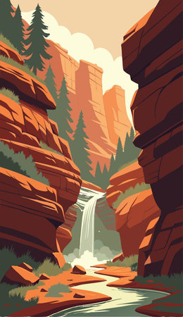 Waterfall in the mountains. Vector illustration in flat style. Red rocks and waterfall.のイラスト素材