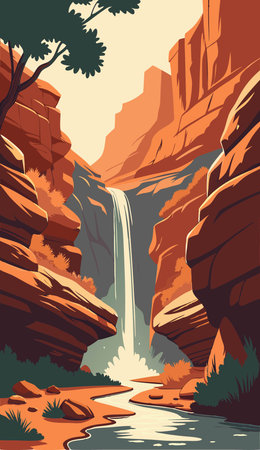 Waterfall in the mountains. Vector illustration in a flat style.のイラスト素材