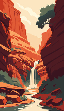 Waterfall in red rocks. Vector illustration in flat style. Cartoonのイラスト素材