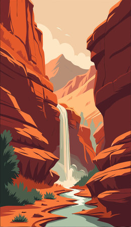 Waterfall in the canyon. Vector illustration of a cartoon style.のイラスト素材