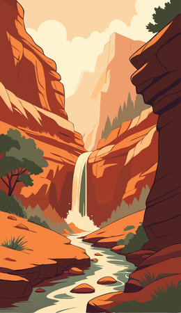 Waterfall in the mountains. Vector illustration of a cartoon style.のイラスト素材