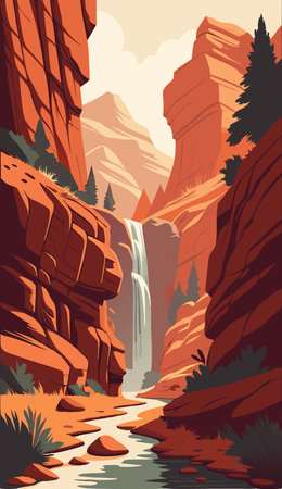 Waterfall in the Zion National Park, USA. Vector illustration.のイラスト素材