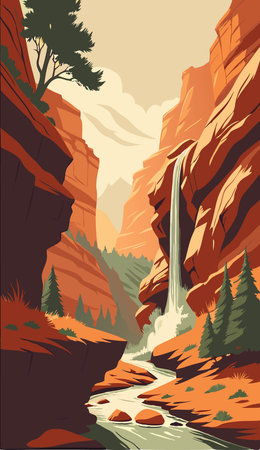 Waterfall in the mountains. Vector illustration of a flat style.のイラスト素材