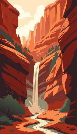 Waterfall in the Utah mountains. Vector illustration in retro style.のイラスト素材