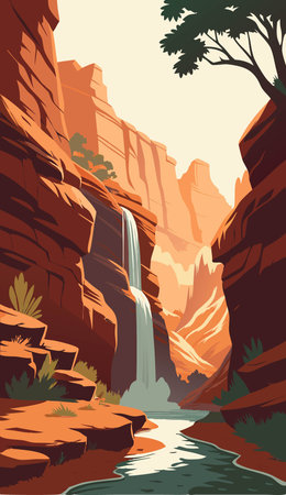 Waterfall in the mountains. Vector illustration of a cartoon style.のイラスト素材