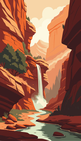 Waterfall in Zion National Park, Utah, USA. Vector illustrationのイラスト素材