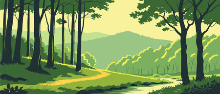 Forest landscape with road, trees and grass. Vector cartoon illustration.のイラスト素材
