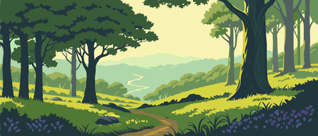 Beautiful landscape with forest and mountains. Vector illustration in flat styleのイラスト素材