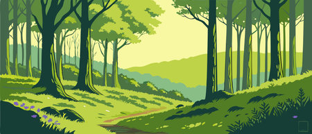 Beautiful forest landscape with trees and meadow. Vector illustration.のイラスト素材