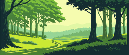 Summer landscape with forest and road. Vector illustration. Eps 10.のイラスト素材
