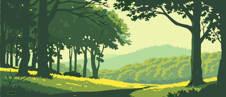 Vector illustration of a beautiful forest landscape with trees and meadow.のイラスト素材