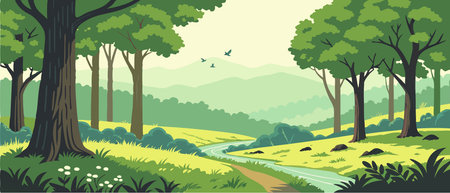 Landscape with forest and river in cartoon style. Vector illustration.のイラスト素材