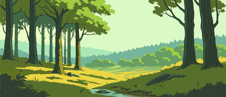 Forest landscape with river and meadow. Vector illustration in flat styleのイラスト素材