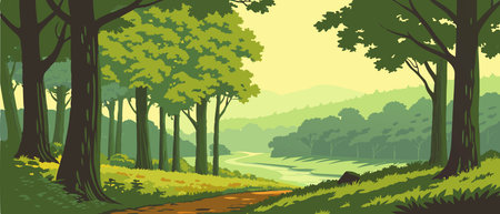 Forest landscape with river and trees. Vector illustration in flat style.のイラスト素材