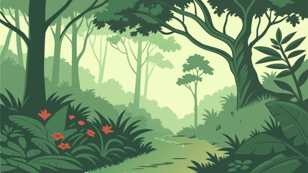 Nature background with a hedgehog in the jungle. Vector illustration.のイラスト素材