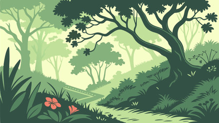 Vector illustration of a green landscape with trees, grass and flowers.のイラスト素材