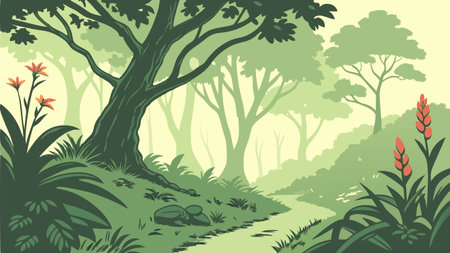 Vector illustration of a green forest with trees, grass and plants.のイラスト素材