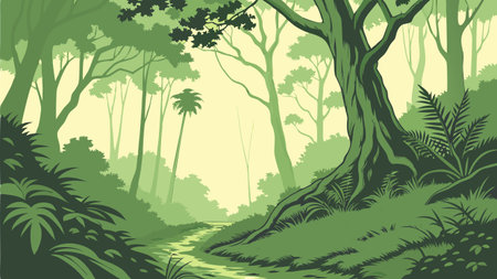 Beautiful forest background with a path and trees. Vector illustration.のイラスト素材