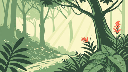 Tropical forest landscape background. Vector illustration in flat style.のイラスト素材