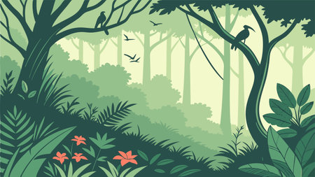 Nature background with forest and birds. Vector illustration in flat style.のイラスト素材