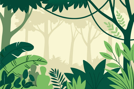 Vector illustration of a jungle background with trees, leaves and plants.のイラスト素材
