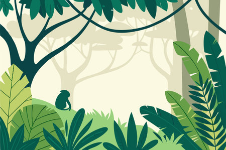 Vector illustration of jungle background with jungle trees, leaves and monkey.のイラスト素材