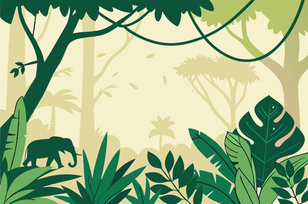 Illustration of jungle background with trees, plants and elephant. Vector illustrationのイラスト素材