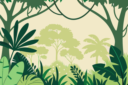 Vector illustration of jungle background with trees and plants. Flat style.のイラスト素材