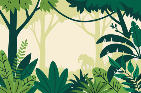 Tropical background with jungle trees and elephant. Vector illustration.のイラスト素材