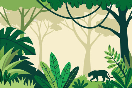 Vector illustration of jungle background with trees, leaves and monkey. Flat style.のイラスト素材