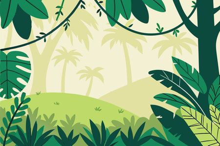 Tropical jungle background with palm trees and leaves. Vector illustrationのイラスト素材