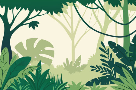 Tropical forest background with trees and plants. Vector illustration.のイラスト素材