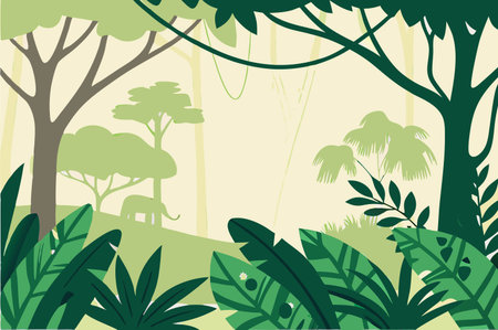 Tropical forest background with jungle trees and elephant. Vector illustrationのイラスト素材