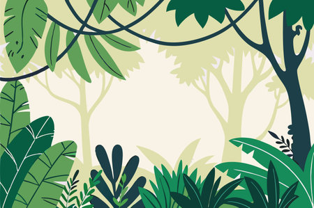 Tropical forest with trees and plants. Vector illustration background.のイラスト素材
