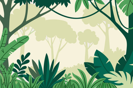 Tropical forest background. Vector illustration in flat cartoon style.のイラスト素材