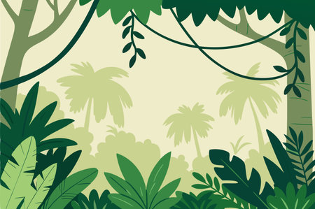 Tropical background with palm trees and plants. Vector illustration.のイラスト素材