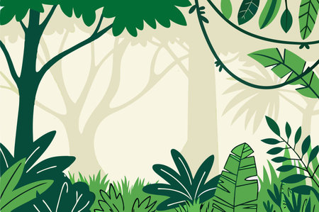 Illustration of a green background with tropical plants and trees. Vector illustrationのイラスト素材