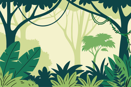 Vector illustration of a jungle background with trees, bushes and plants.のイラスト素材