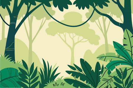 Tropical jungle background. Vector illustration in flat cartoon style.のイラスト素材