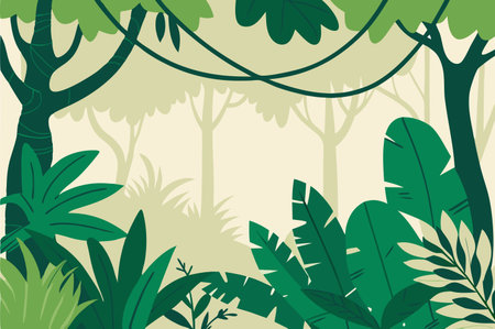 Tropical jungle background. Vector illustration in flat cartoon style.のイラスト素材